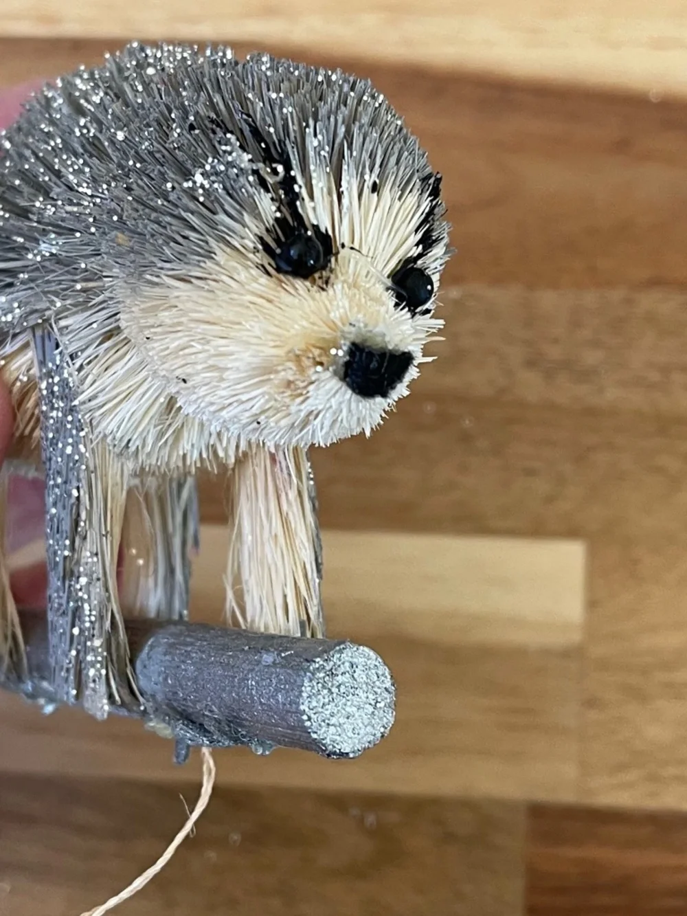 Crate & Barrel - Trio of silver bottlebrush ornaments - Sloth, Owl, and Squirrel
